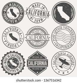 California Set of Stamps. Travel Stamp. Made In Product. Design Seals Old Style Insignia.