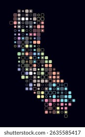 California, shape of the state build of colored cells. Digital style map of the California on dark background. Large size rounded square blocks. Trending vector illustration.