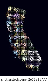 California, shape of the state build of colored cells. Digital style map of the California on dark background. Small size circle blocks. Vibrant vector illustration.