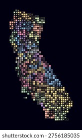California, shape of the state build of colored cells. Digital style map of the California on dark background. Small size square blocks. Stylish vector illustration.