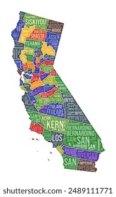 California shape. State word cloud with county division. California colored illustration. County names cloud. Vector illustration.