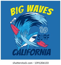 California Shark attack.Summer t-shirt design.Shark and surfboard drawing.