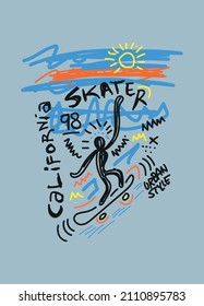 California Skater Cartoon Drawing Illustration Fashion Vector