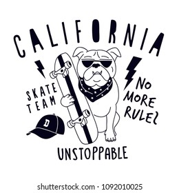 California skater dog vector print. Funny graphic design.