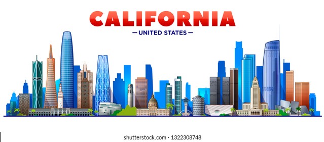 California skyline with panorama in white background. Vector Illustration. Business travel and tourism concept with modern buildings. Image for presentation, banner, web site.