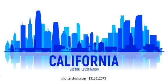 California skyline silhouette vector illustration on white background. Business travel and tourism concept with modern buildings. Image for presentation, banner, web site.