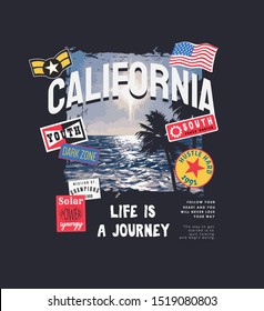 California slogan with badges on sea background