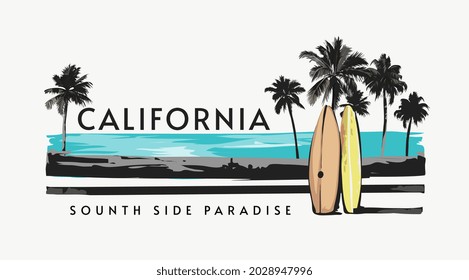 California slogan with palm beach and surf boards vector illustration