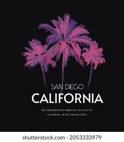 California slogan with palm trees inverted color vector illustration on black background