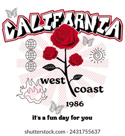 California slogan print, roses and round circle vector illustration, for t-shirt graphic