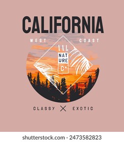 california slogan with sunset sky in circle frame vector illustration for fashion print