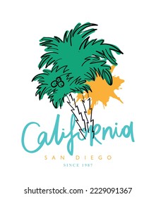 California slogan text. Palm trees and sun drawing. Summer vacation concept. Vector illustration design for fashion graphics, t shirt prints, posters.