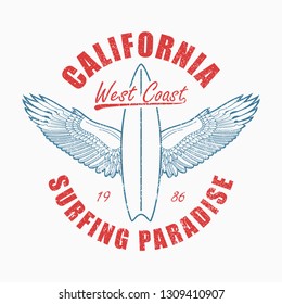 California slogan t-shirt with surfboard and wings. Typography graphics for surfing tee shirt. Vector illustration.