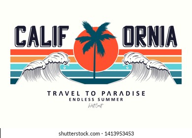 California slogan for t-shirt typography with waves, palm trees and sun. Tee shirt design, trendy apparel print. Vector illustration.