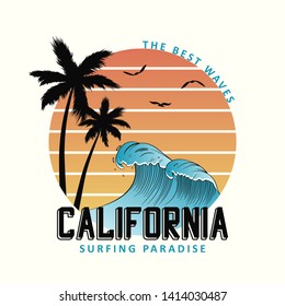 California slogan for t-shirt typography with waves and palm trees. Surf tee shirt design, surfing apparel print. Vector illustration.