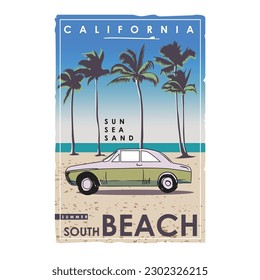 California south beach , sun, sea, sand, Retro summer beach design for apparel and others. California Santa Monica beach t-shirt design. Beach vibes artwork