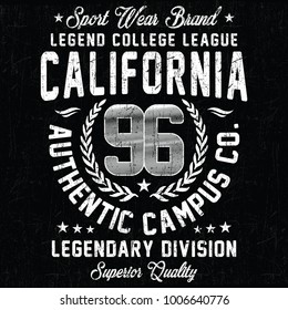 California sport wear brand, legendary division, authentic campus typography, t-shirt graphics, vectors