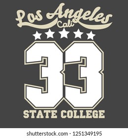 California sport wear T-shirt design. Los Angeles City Typography Graphics. emblem, tee print, athletic apparel design. Vector