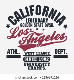 California sport wear T-shirt design. Los Angeles City Typography Graphics. emblem, tee print, athletic apparel design. Vector