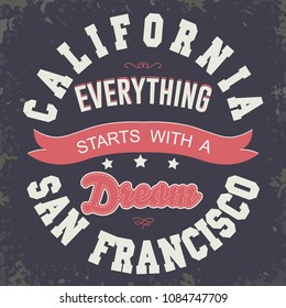 California sport wear T-shirt grunge design. San Francisco City Typography Graphics. emblem, tee print, athletic apparel design. Vector