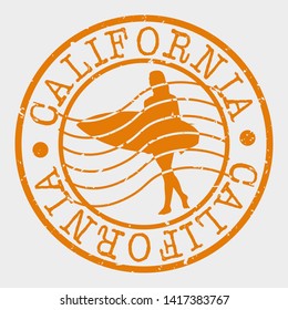 California Stamp. Surfer Girl Silhouette Seal. Round Design. Vector Icon. Design Retro Insignia.