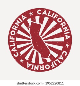 California stamp. Travel red rubber stamp with the map of the US state, vector illustration. Can be used as insignia, logotype, label, sticker or badge of California.