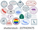California stamps set, postage stamp with symbols of state and map outline, vector