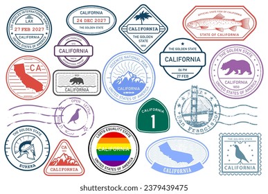 California stamps set, postage stamp with symbols of state and map outline, vector