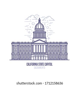 California State Capitol Located In The City Of Sacramento. The State Capitol Building And Government Of U.S. State California . The Great Example Of Neoclassical Style. City Sight Linear Vector Icon