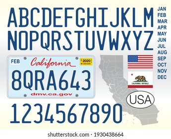 California state car license plate, letters, numbers and symbols, vector illustration, United States of America