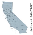 California state counties, gray political map. U.S. state of California subdivided into 58 counties, with San Bernardino County as largest and Los Angeles County as most populous in the United States.