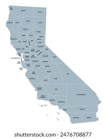 California state counties, gray political map. U.S. state of California subdivided into 58 counties, with San Bernardino County as largest and Los Angeles County as most populous in the United States.