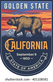California state emblem, sunset on a blue background