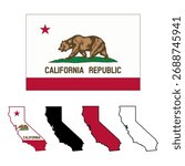 California state Flag. California state map. California Flag and map outline and solid. eps file. vector illustration. 