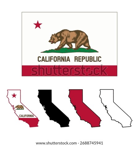 California state Flag. California state map. California Flag and map outline and solid. eps file. vector illustration. 