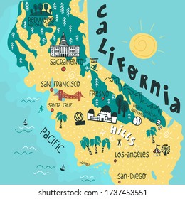 California state funny and colorful hand drawn map with landmarks and biggest cities points lettering. Flat vector illustration.