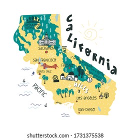 California state funny hand drawn map with landmarks and biggest cities points lettering. Flat vector isolated illustration.