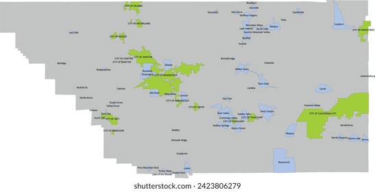 California State Kern County outline map with green incorporated and blue unincorporated