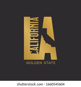 California state Los Angeles t-shirt design typography. Golden state text. Gold colored apparel print. Vector vintage illustration.