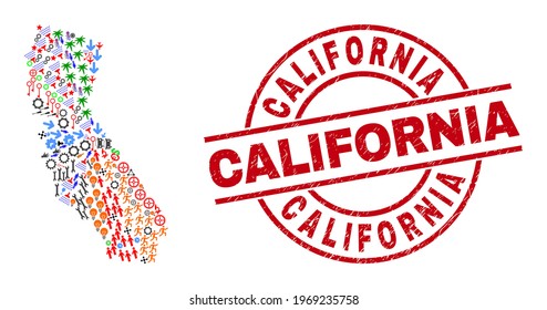 California State map collage and California red round stamp seal. California stamp uses vector lines and arcs. California State map collage contains helmets, houses, lamps, bugs, men, and more icons.