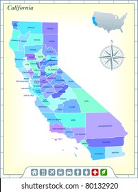 California State Map with Community Assistance and Activates Icons Original Illustration