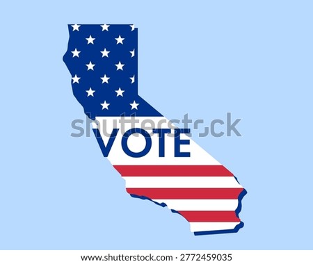 California state map filled with U.S. flag stars and stripes, bold Vote text overlay. Patriotic election concept symbolizing democracy, civic duty, and American pride.