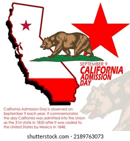 California state map and flag with bold text and sentences on white background to commemorate California Admission Day on September 9