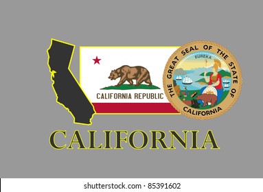 California state map, flag, seal and name.