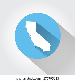 California state map in flat design style. White outline on blue circle background for location pins, travel apps, business presentations, and geographic designs.