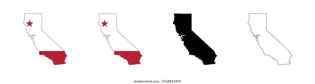 California State Map Icons Set - Flag Colors, Grunge Texture, Silhouette, and Outline | California US State Map Silhouette and Flag Design Vector Collection | Set of California State Maps with Republic Flag Colors and Geographic Outlines