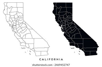 California state map of regions districts vector black on white and outline