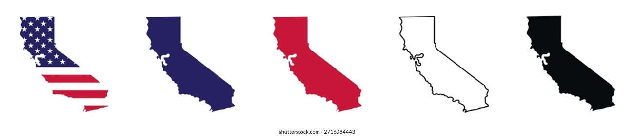 A California state map vector illustration set with outline and solid fills, featuring American flag in blue, red, and black, perfect for geography education, Travel guides, and patriotic design use