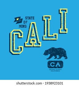 California state of mind quoted varsity style slogan print design with palms and sun illustration