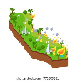 California State On Fire Wildfire Disaster. Cartoon Style Vector Illustration